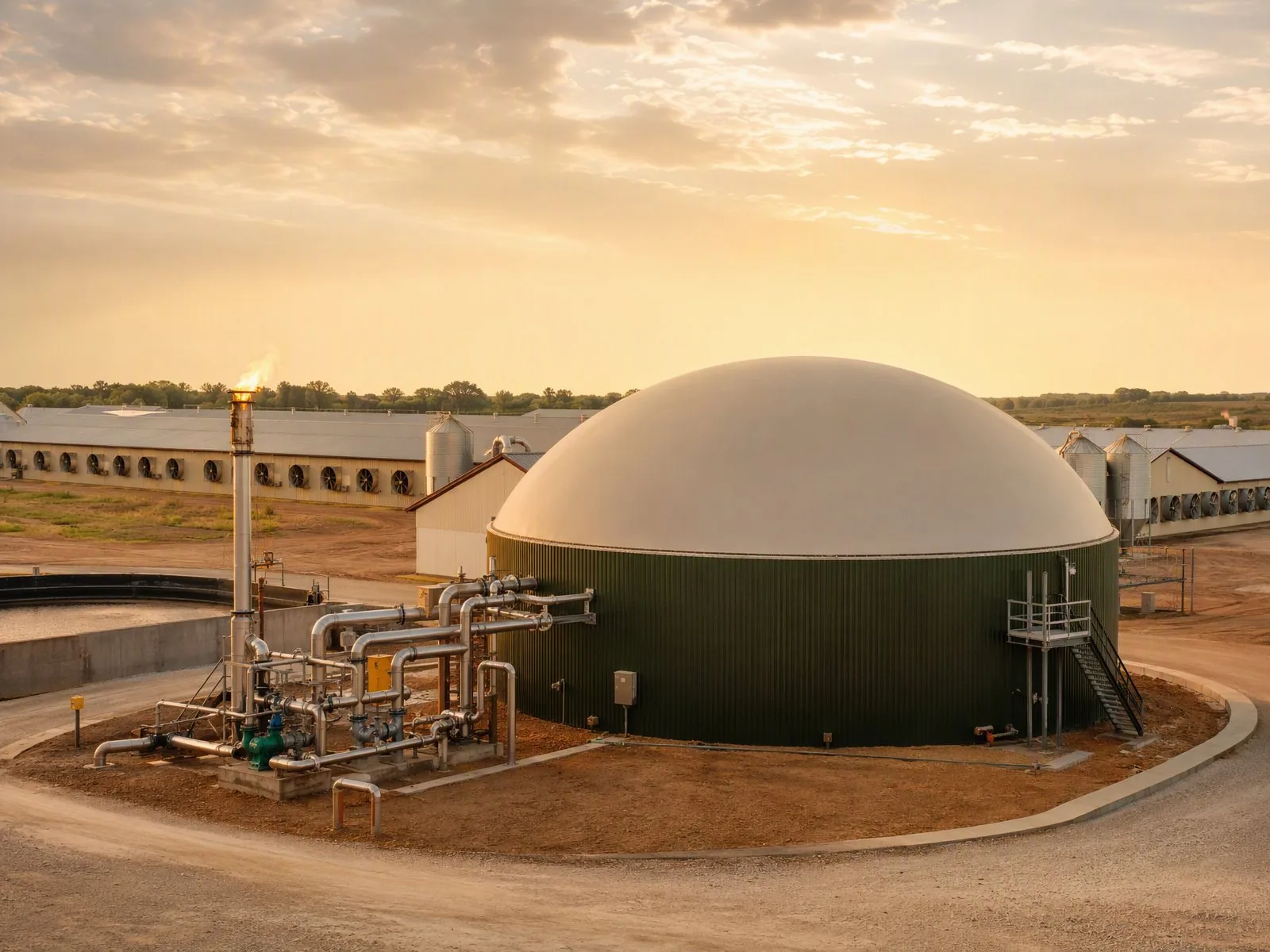 Industrial single-dome biogas plant with gas flare at a poultry farm
