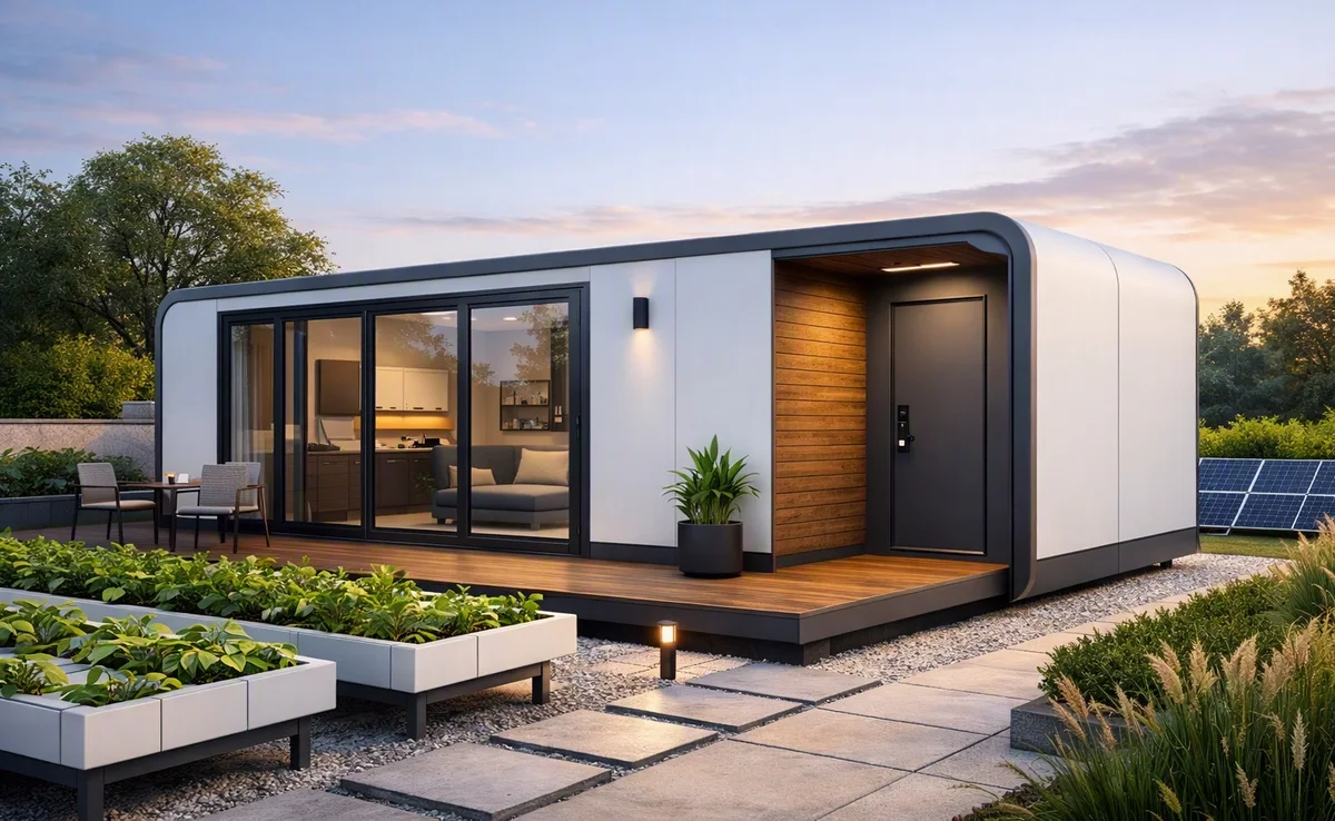 EcoNest 3020 capsule home with matte white shell, wood entrance and panoramic sliding glass