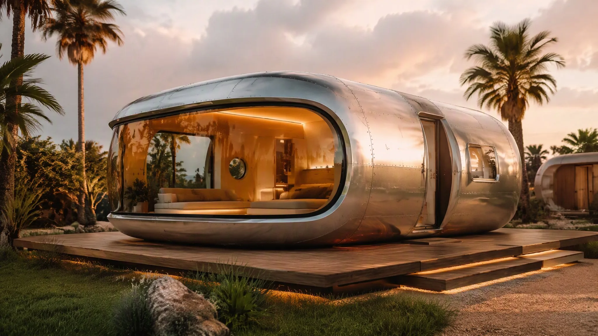 Prefab capsule home with panoramic glazing in a green eco-resort at golden hour